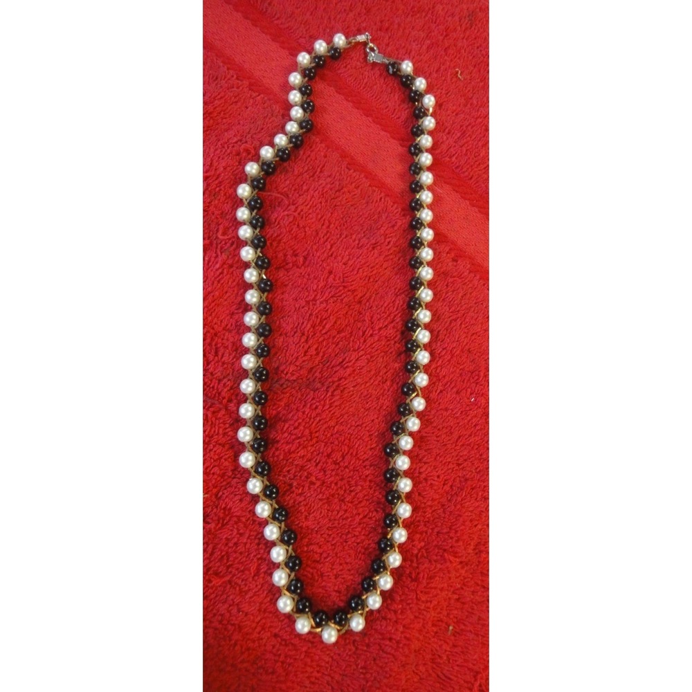 vintage faux white black pearl necklace stamped Korea 23" flapper jewelry costum